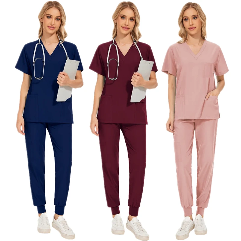 

Women V-neck Short Sleeve Scrubs Surgical Nursing Uniforms Nurse Pocket Workwear Dentist Medical Uniforms Clinic Scrub Suit