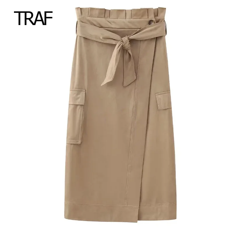 

TRAF Women's Skirt Long Skirts Autumn 2023 Midi Slit Skirts High Waist Elegant Woman Pencil Skirt Korean Belts Vintage Skirt
