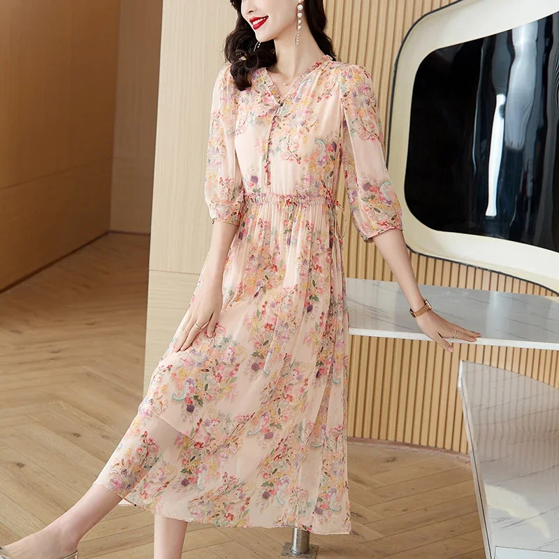 

2024 Summer Luxury Silk Floral Casual Beach Midi Dress Women's Vintage Elegant Evening Prom Spring Holiday Boho Dresses