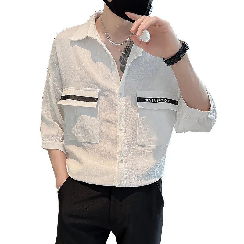루즈한 7 부 소매 셔츠, 가볍고 잘 익는 아이스 실크, 얇은 남성용 반팔 셔츠, 시니어 센스, 루즈한 상의, 캐주얼 패션, 새로운 트렌드