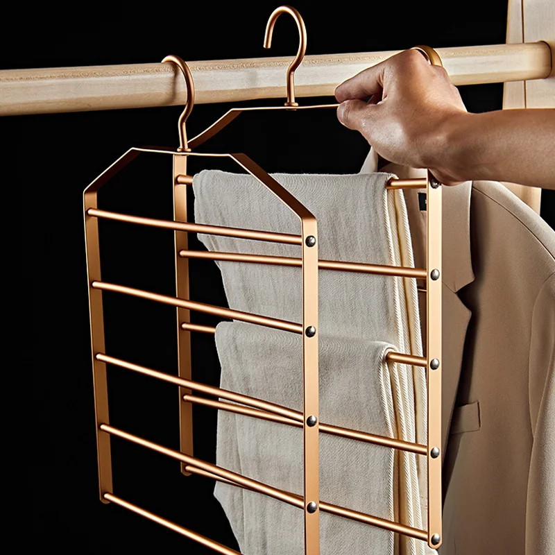 1pc 5 in 1 Gold Pant Hanger Multi-Layer Space Saving Storage Rack for Trouser Tie Slack Scarf Aluminum Alloy Closet Organizer storage rack desktop storage rack