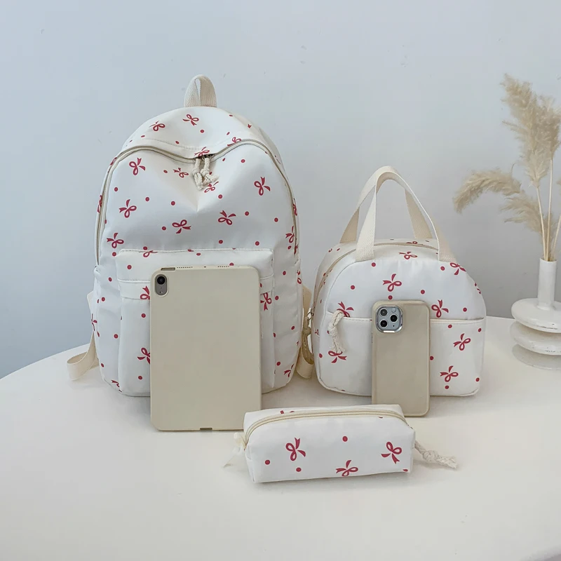 3Pcs Kawaii Nylon Backpack with Handbag & Pencil Case All-Match School Bag Bowknot Printed Cute Bowknot Backpack Trip Backpack 3