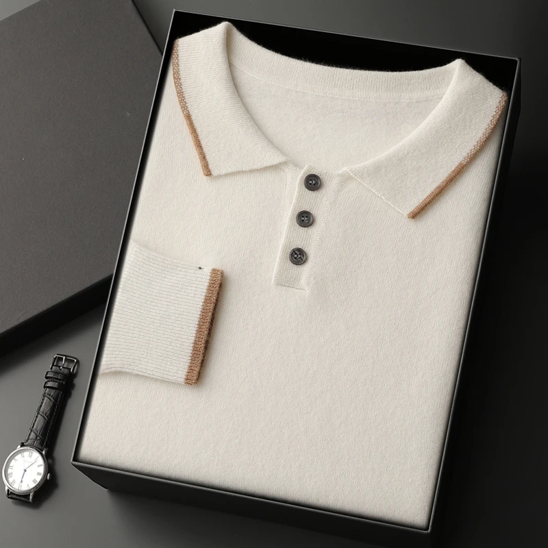 Business autumn and winter new cashmere men's polo collar sweater loose fashion pullover slim warm knit solid color long sl