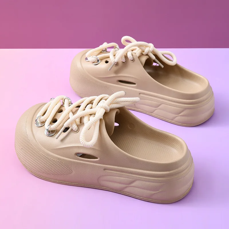 DIY Lace-up Style Platform Slippers For Women Summer Garden Shoes Girls Fashion Clogs Indoor Beach Slides Female Street Sandals
