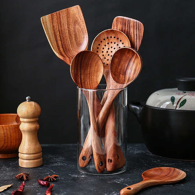 Natural Teak Cooking Spoon Scoop Kitchen Wooden Spatula Non-stick Utensils  Set For Cooking With Hanging Hooks Cookware Tool