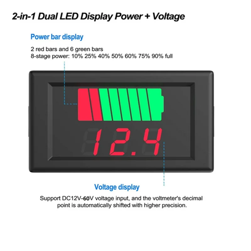 Battery Tester 12V 24V 36V 48V 60V Car Battery Charge Level Indicator Lithium Battery Capacity Meter Display LED Voltmeter