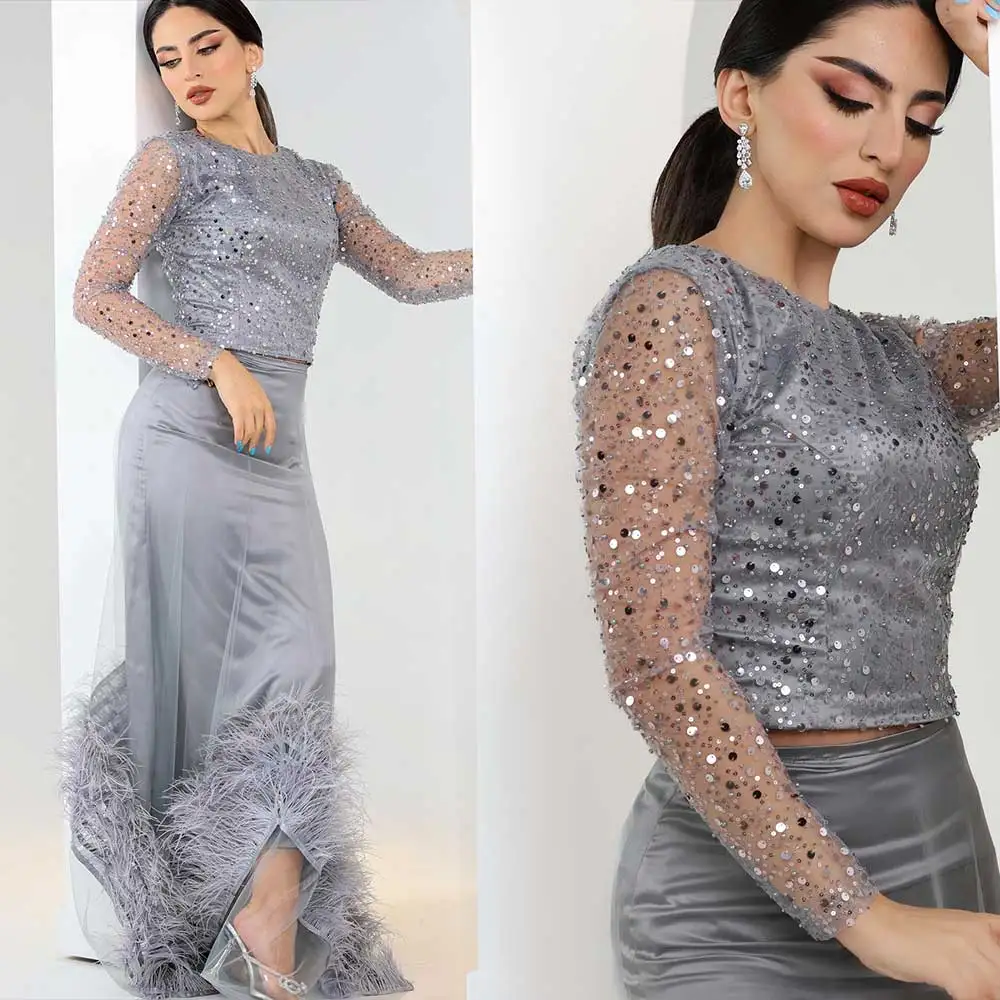 

Sparkling Sequins Prom Dress Crew-Neck Long Sleeve Feather Sheath Floor Length Women’s Sexy Splicing Party Gown