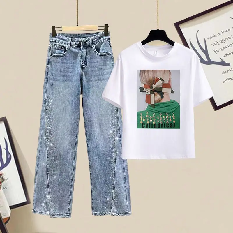 Wide Leg Jeans Set for Women 2023 Spring/Summer Korean Version New Casual Slim Printing Short Sleeve T-shirt Two Piece Set
