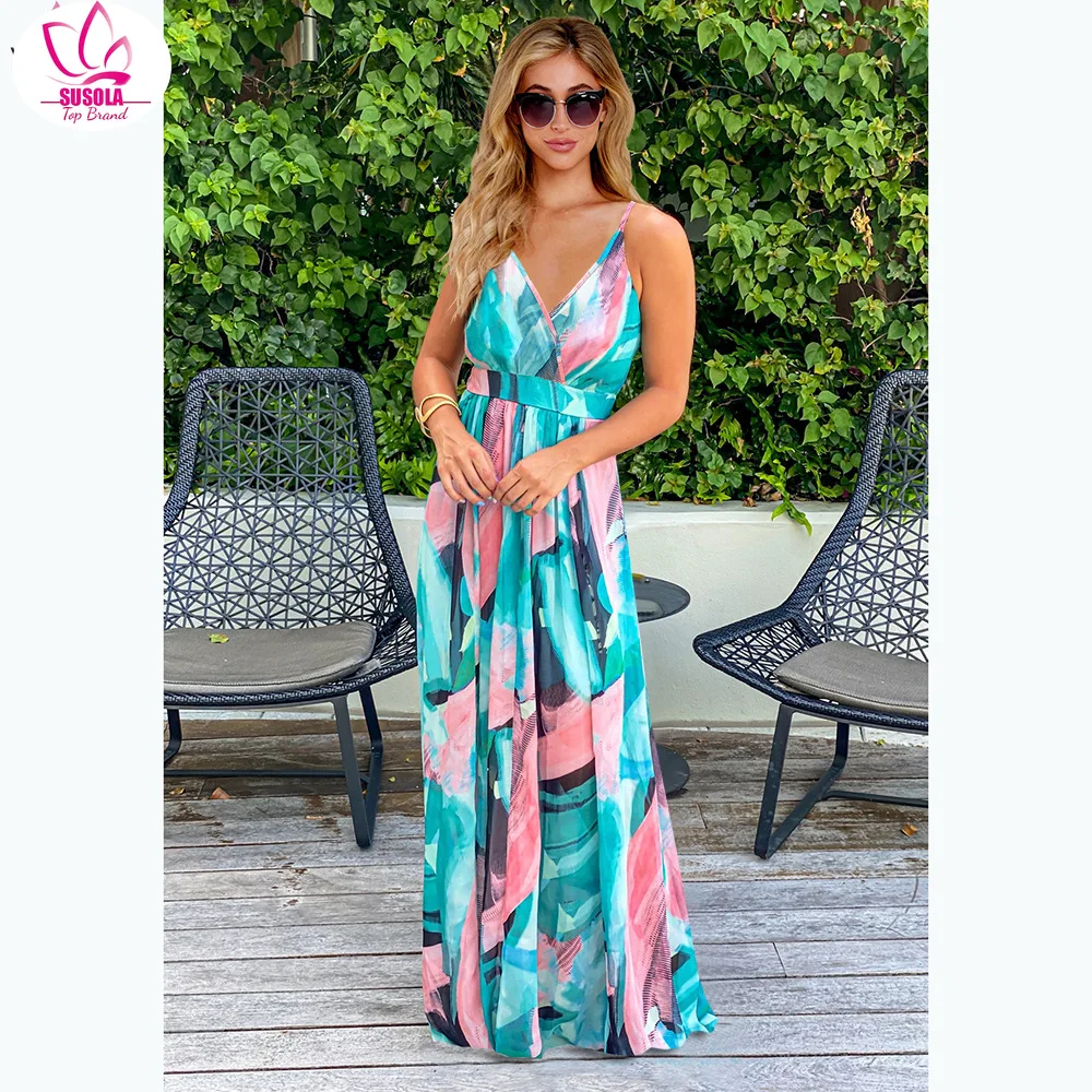 

SUSOLA Lady New Women Dresses Summer Sexy Maxi Boho Style Print Party Dress Deep V Neck Backless Long Dress Vestidos