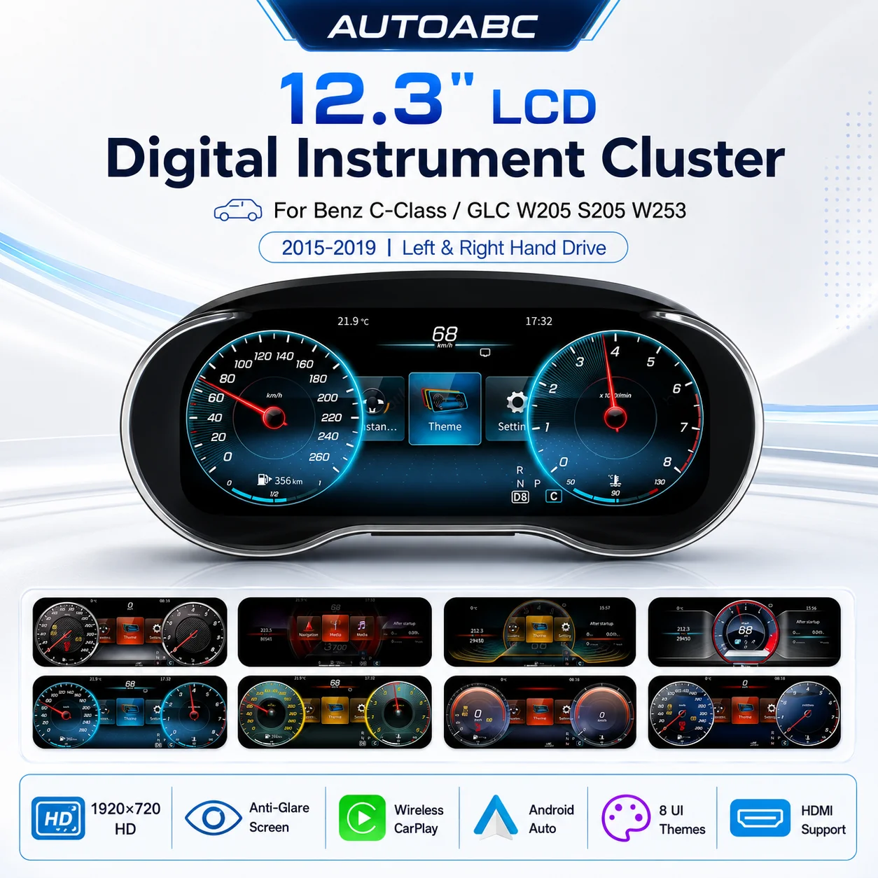 AUTOABC Pantalla Digital LCD de 12.3 Pulgadas para el Panel de Instrumentos, CarPlay Inalámbrico y Android Auto para Mercedes-Benz Clase C/GLC W205 S205 W253 Sistema NTG 5.0 2015-2020 con Función HDMI Airplay 1