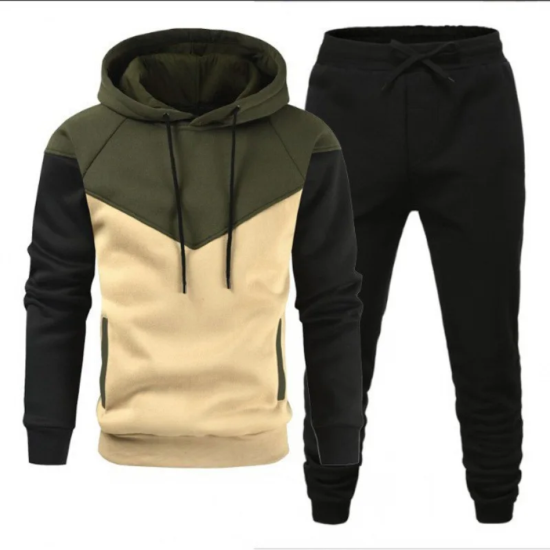 2024 Autumn/Winter New Men's Set Spliced Color Contrasting Hoodie Fashion Casual Sports Pants Two piece Sweater Guard Pants Set