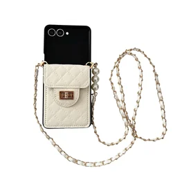 Pearl - Embellished Leather Phone Case with Shoulder Strap and Card Holder - Galaxy Z Flip6 (WHITE)