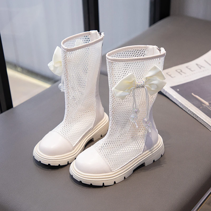 여아용 여름 샌들, 하이탑 메쉬 그물 신발, 통기성 컷아웃, 활 매듭 펜던트, 공주 달콤한 어린이 검투사