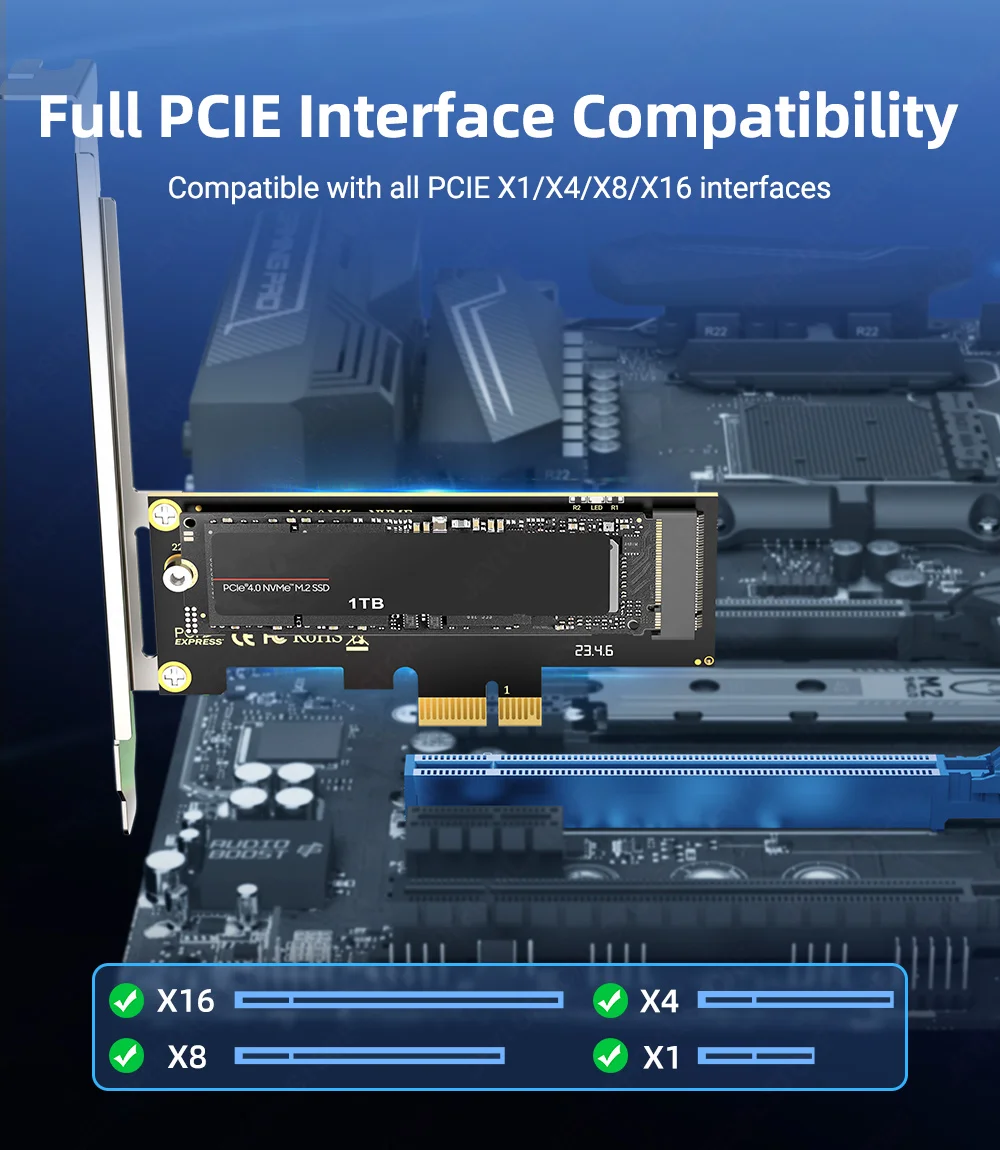 Description Picture 4 of itemJEYI M.2 NVMe to PCIE X1/X4 Adapter —PCIe 3.0/4.0 M.2 PCIe Interface Converter, SSD Expansion Card for X1/X4/X8/X16 Interfaces.