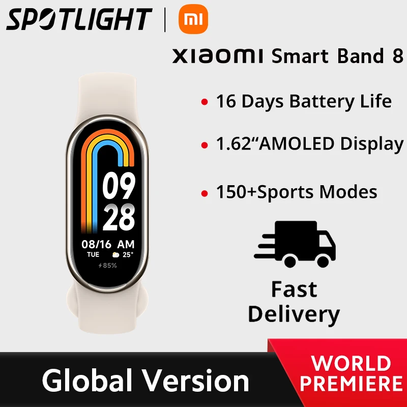 Xiaomi-Smart Band 8 com Suporte para Frequência Cardíaca, Versão Global, Tela AMOLED de 1.62 