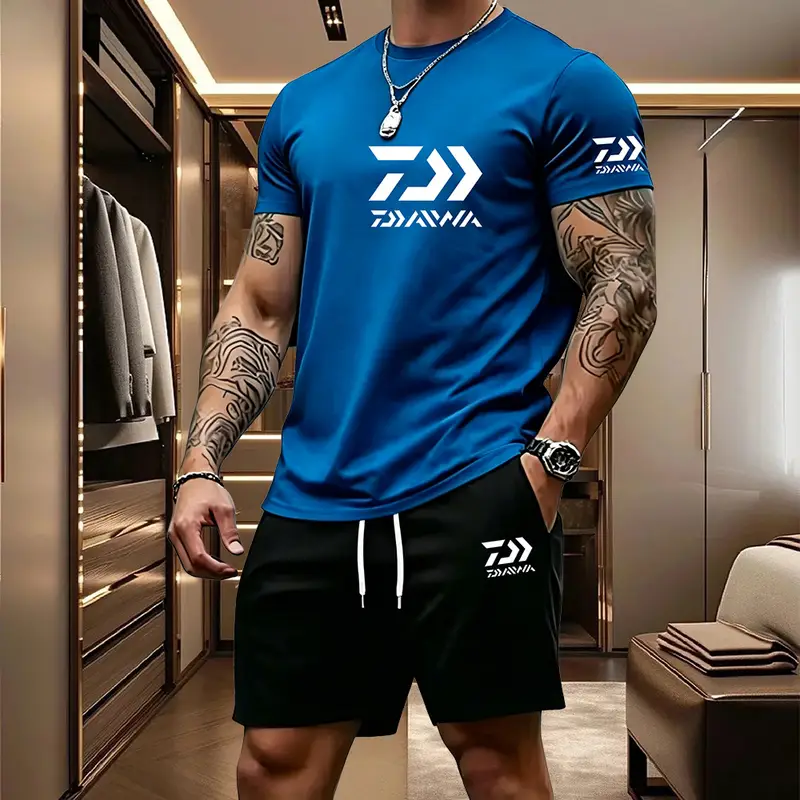 2026 Summer Men's Short Sleeved T-shirt Drawstring Shorts Set Breathable Outdoor Sports Set Men's Daily Fishing Suit - Image 15