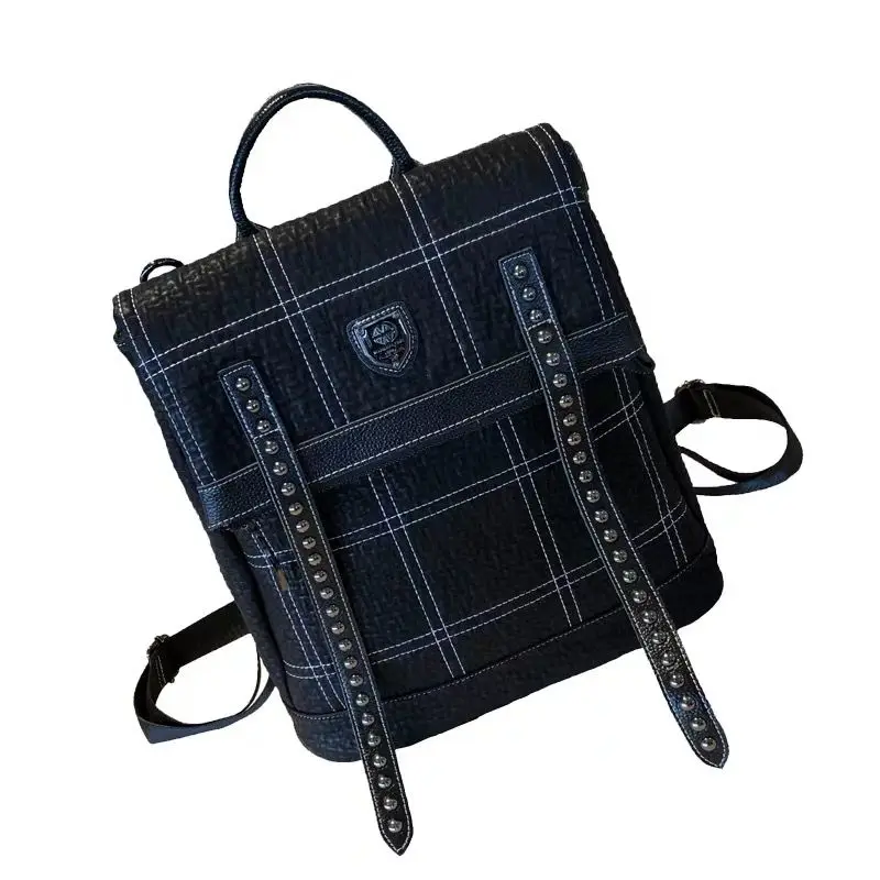 Leather Rivet Large Capacity Leather Backpack Women's Bag College Style Personalized Fashion Backpack Schoolbag Travel Bag New