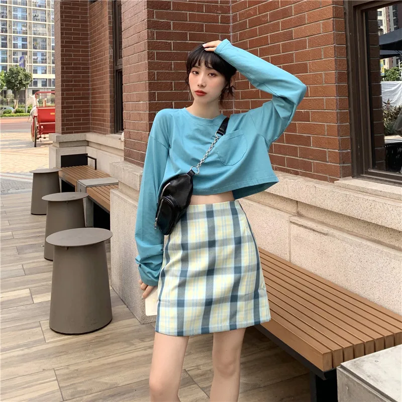 Korean Fashion Loose Long-sleeved T-shirt + Plaid Bag Hip Skirt Two Piece Set Women Kawaii Summer Skirts 2 Piece Sets Outfits fashionable and sexy drawstring lace up exposed umbilical flare sleeve top slim fit green half skirt suits womens two peice sets