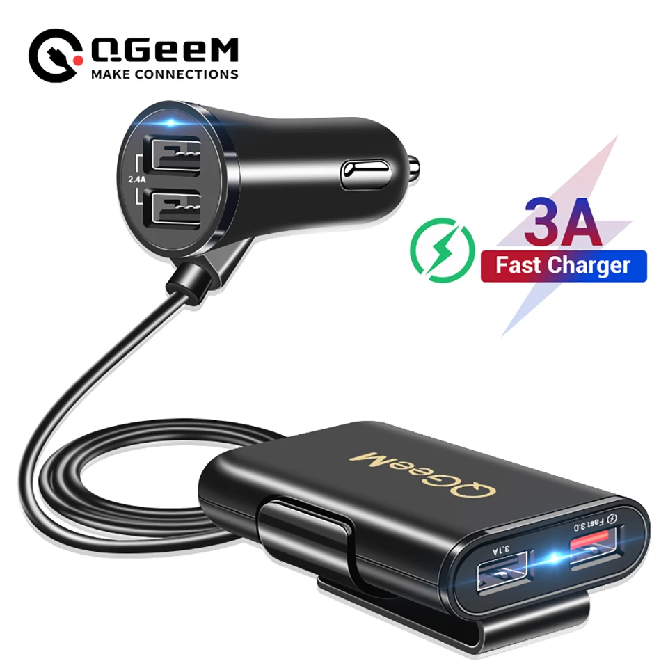 Cargador de coche QGEEM 4, adaptador de cargador frontal y trasero de carga 3.0, USB, enchufe de cargador portátil para iPhone|Cargadores teléfono móvil| - AliExpress