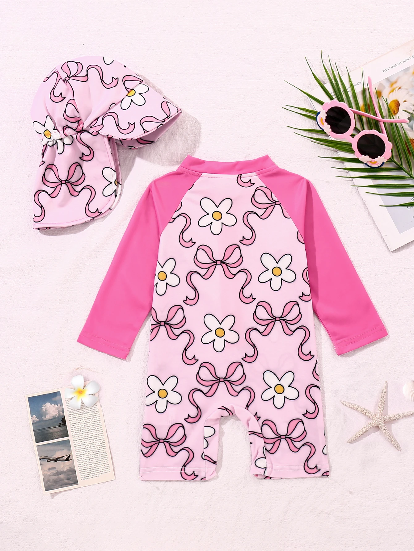 Baby Boys And Girls Cartoon Bow Printed Long Sleeved One-Piece Swimsuit Swim Cap kids swimsuits