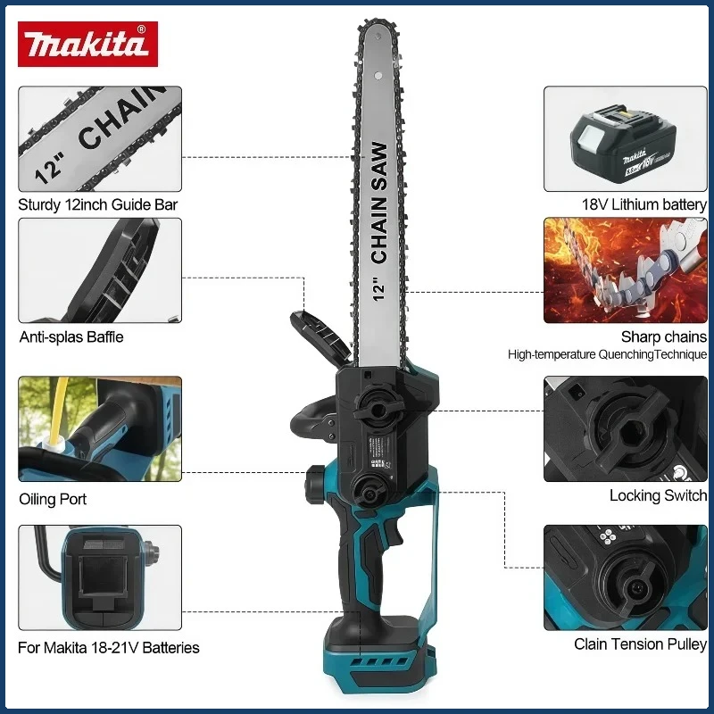 마키타 18V 브러시리스 전기 체인톱 7000RPM 600W 무선 휴대용 전기톱 정원 가지치기 전동 공구