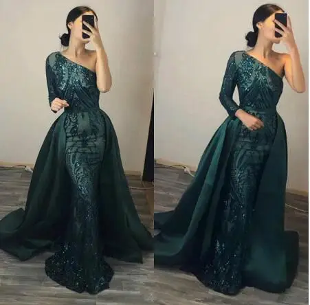 2022 Dark Green Celebrity Dresses One Shoulder Shiny Sequin Sexy Long Banquet Prom Evening Party Gowns With Detachable Train