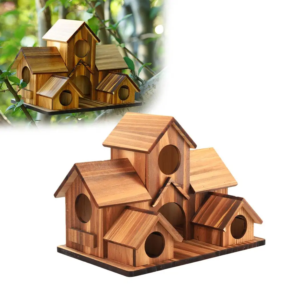 Bird House 5 Hole Outdoor for 5 Bird Families Natural Wood Hanging