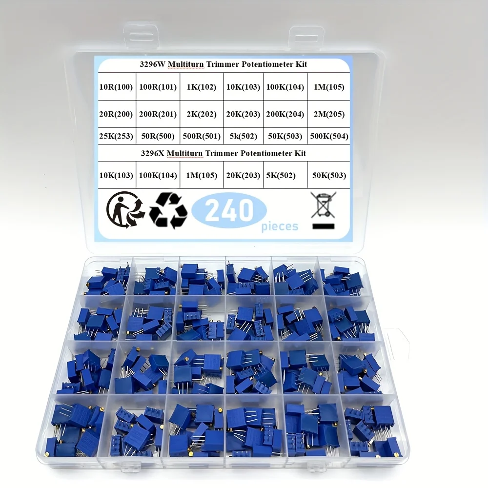 240Pcs 3296W 3296X (50R - 1M) 24 값 멀티턴 트리머 전위차계 키트 무료 상자가있는 고정밀 3296 가변 저항기