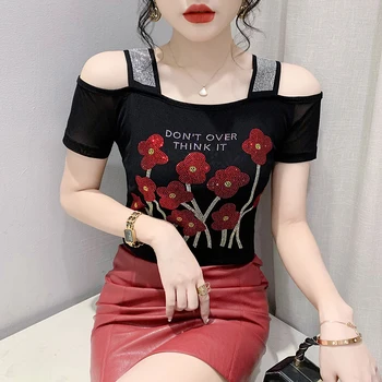 여성용 다이아몬드 더블 레이어 아이스 실크 거즈 반팔 티셔츠, 오프 숄더 상의, 고품질, 새로운 패션, 여름