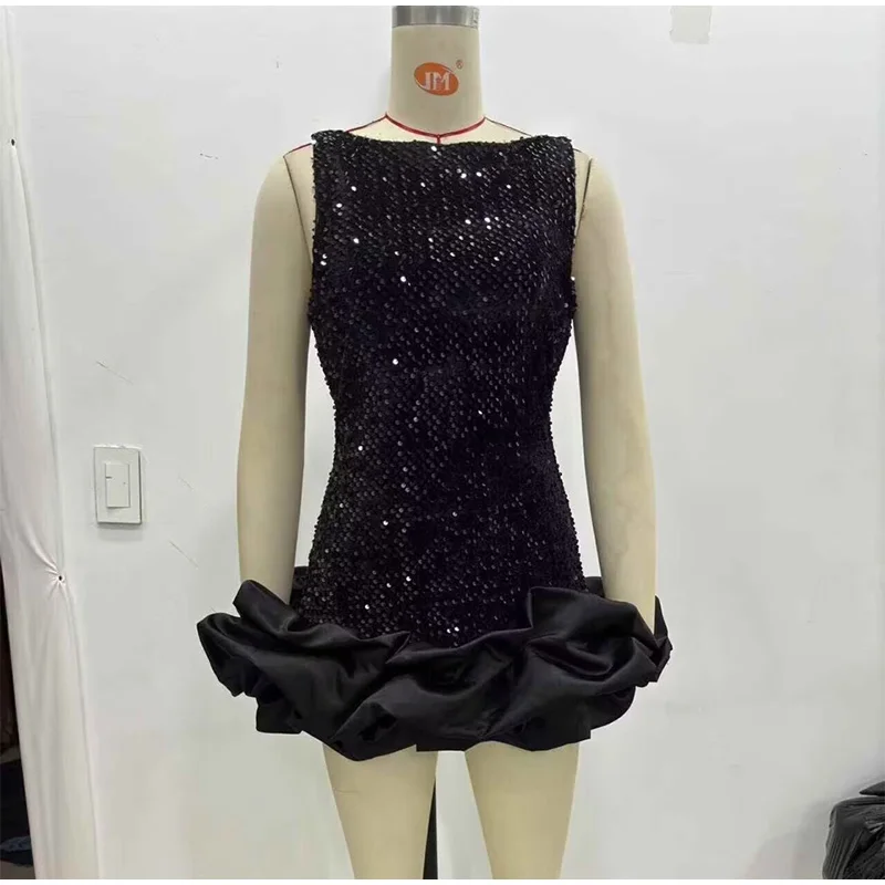 Frauen mit Pailletten verzierte kurze Tanzkleider mit Rüschensaum O-Ausschnitt Kleid 2025, weibliche Mode, Abendparty, Vestidos – Detail 4