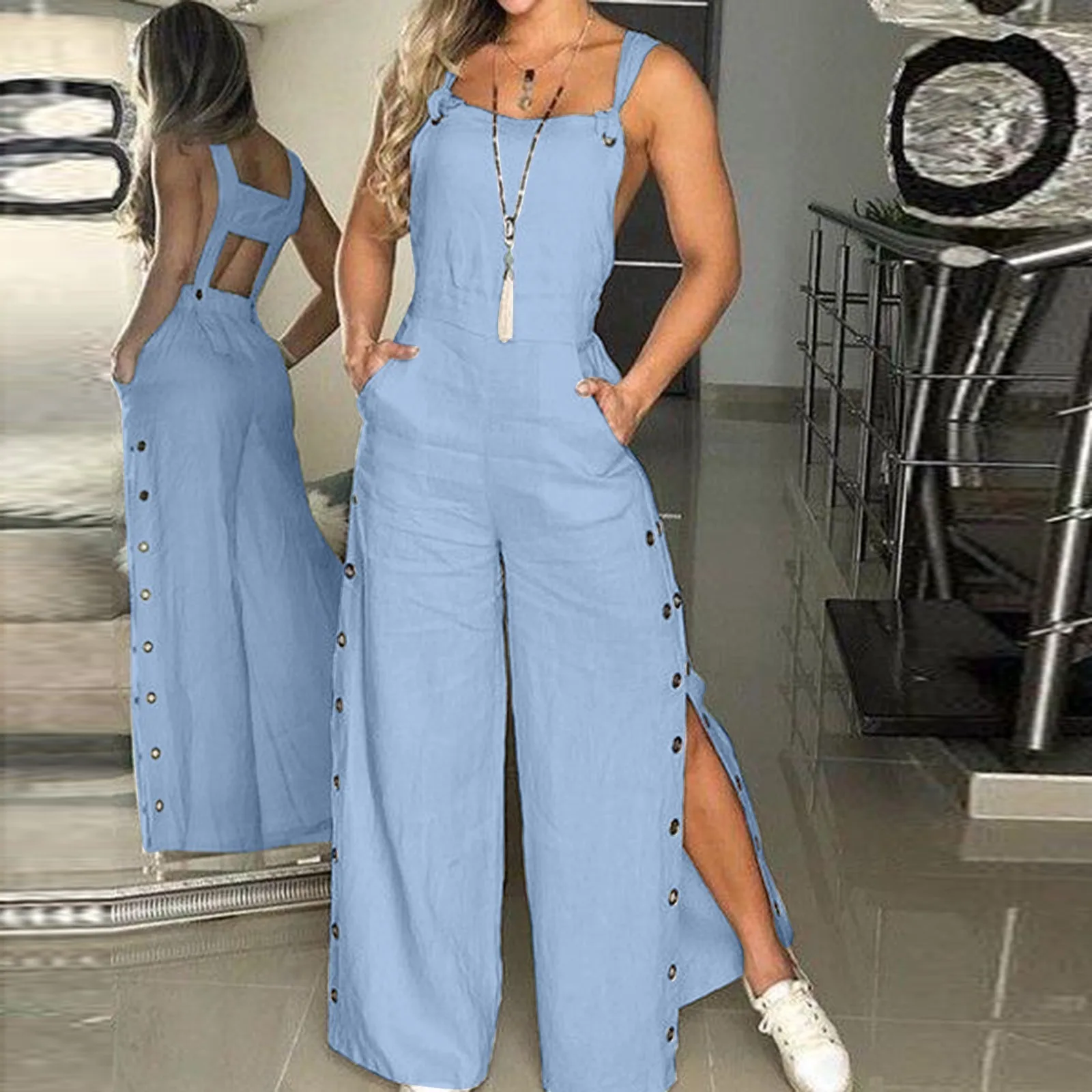 

Women's Summer Jumpsuit Sleeveless Twisted Knot Cotton Linen Strappy Playsuit Side Button Opening Loose Long Pants Romper