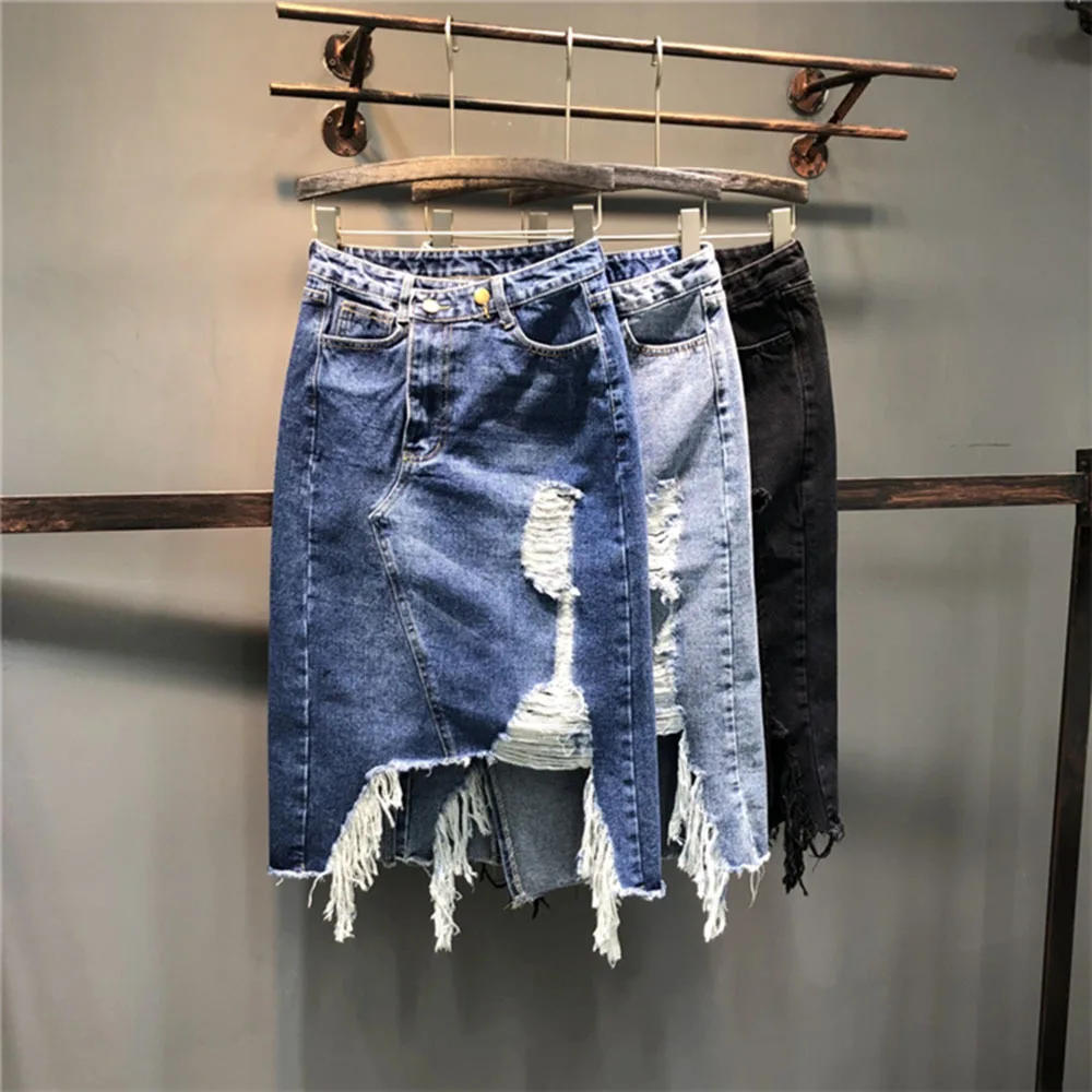 

Denim Skirt Women's Trend Burrs Tassel Hole High Waist Hip Wrap Skirts Chic Hem Split Irregular A-line Skirts 2023 Spring New
