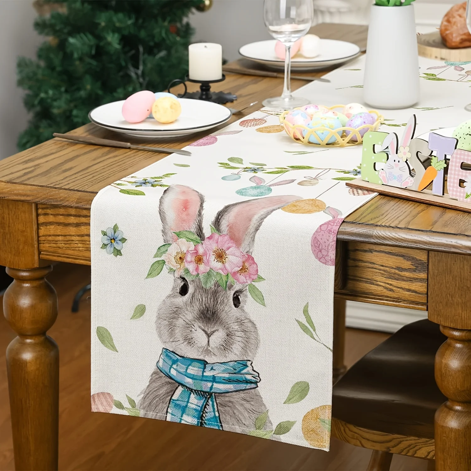 Easter Bunny Colorful Egg Linen Table Runners Dresser Scarves Table Decor Farmhouse Kitchen Dining Table Runner Party Decoration 4