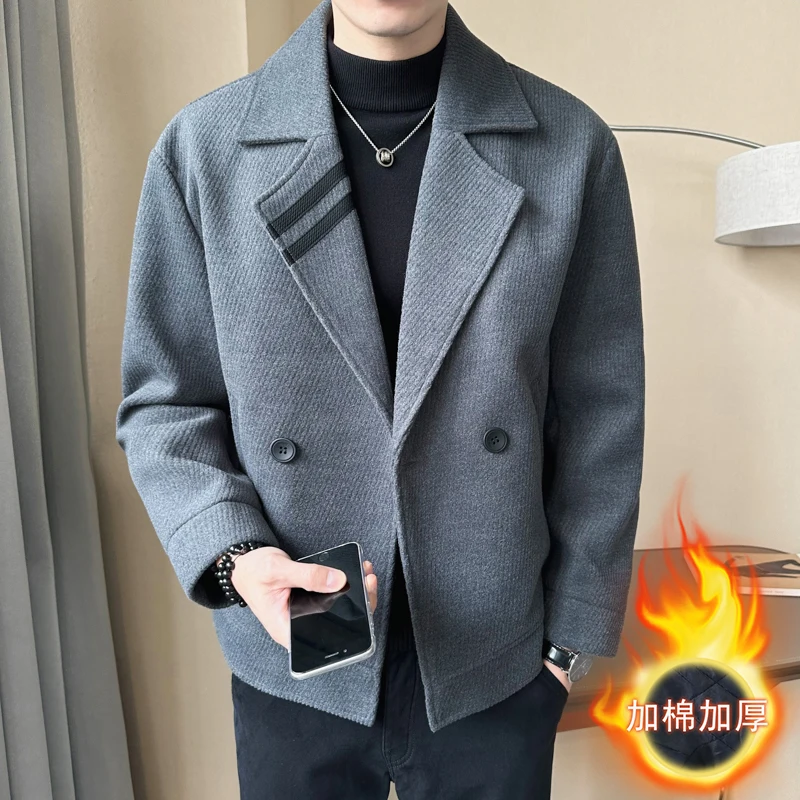 Top Quality Men's Fall Winter Short Woolen Coat Double-breasted Men's Solid Color Padded Padded Warm Woolen Jacket Men's Coats