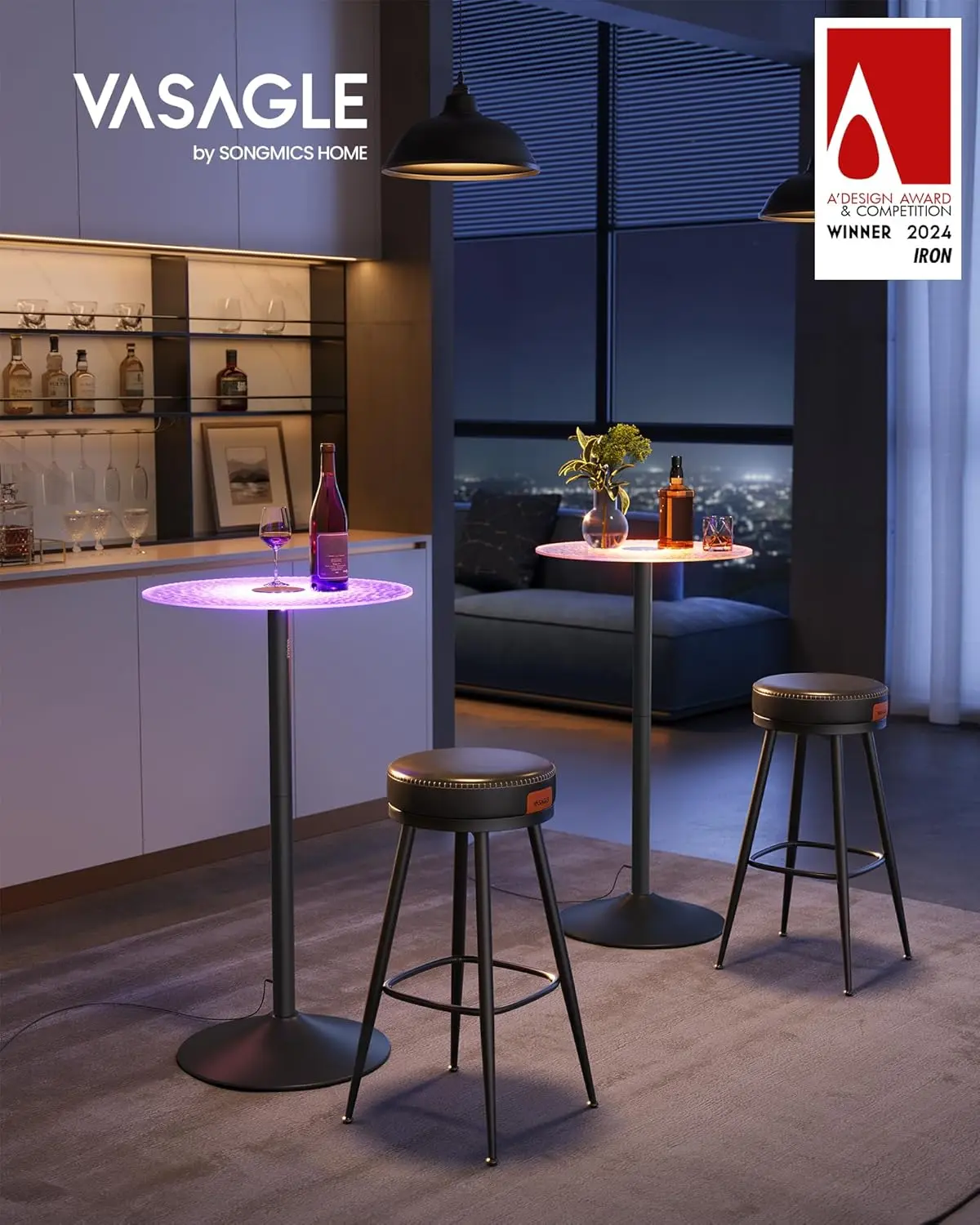 Round Cocktail Table with Multi-Colored Lights and Glass Top, Large Steel Base, 41.3 Inches Tall Pub Table for Kitchen, Bistro 3