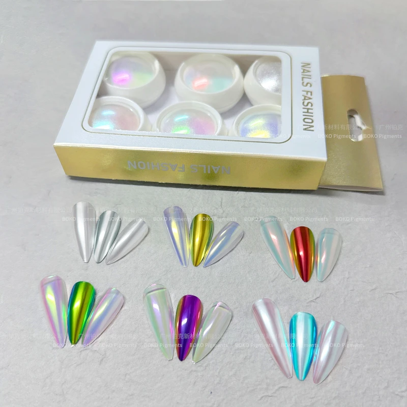 BOKO 6 Colors/Set Aurora Mirror Nail Glitter Powder Set Nail Fairy Rubbing Dust Chrome Pigment Manicure Decoration