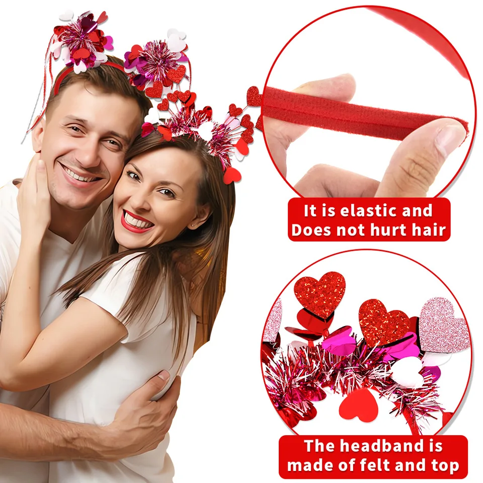 2 Fasce Per Capelli A Forma Di Cuore Con Paillettes – Accessori Per San Valentino, Feste E Compleanni, Rosso
