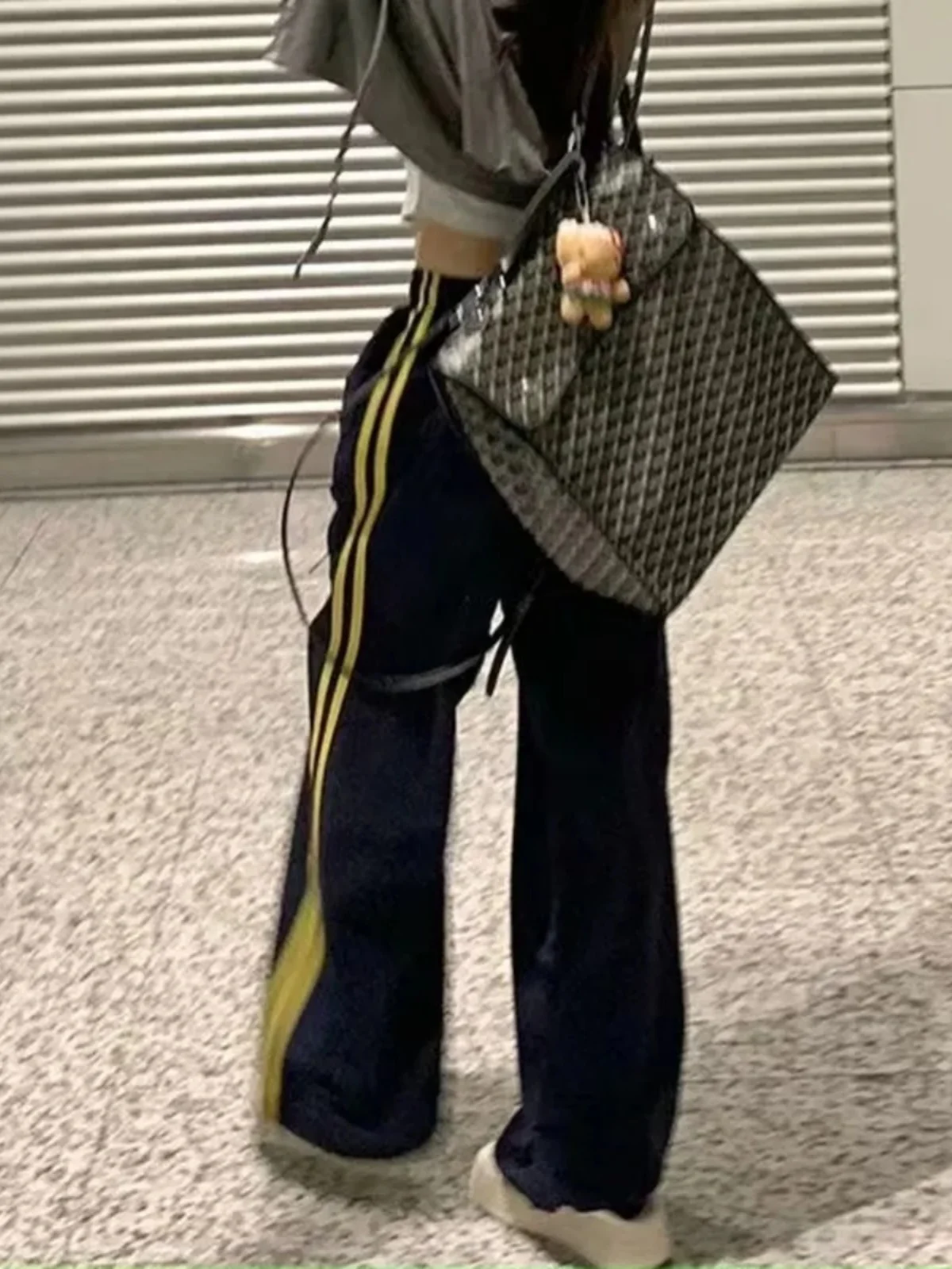 American Sports Splice Stripe Casual Pants Women Summer Loose Waist Wide Leg Pants High Waist Long Pants Commute Sle