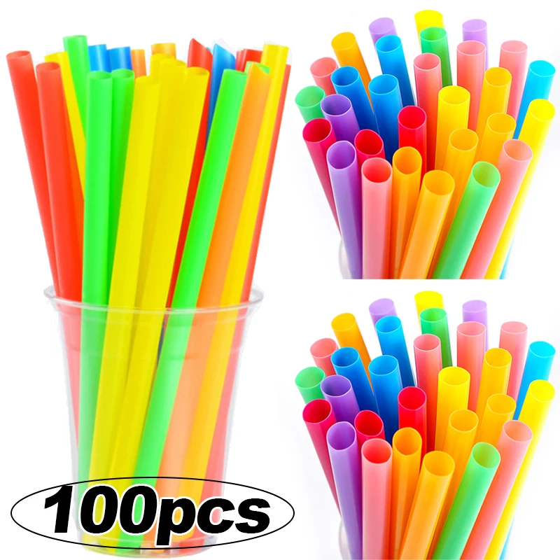 Disposable Plastic Straws 100pcs Colorful Wide Straw Milk Tea Juice Cocktail Drink For Birthday Party Kitchen Accessories