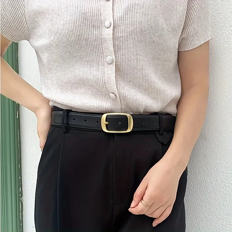 

Vintage Rectangular Buckle Leather Belts Classic Solid Color Waistband Casual Jeans Pants Belts For Women Girls