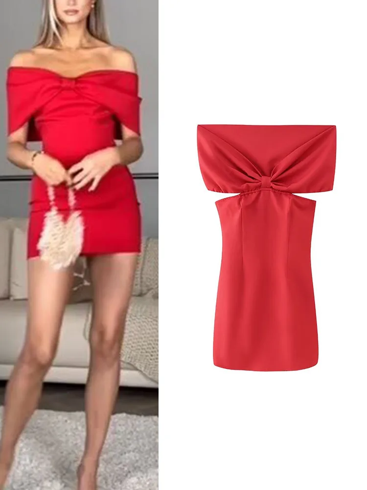 

TRAF Bow Slash Neck Women's Sexy Dress Summer Women Red Elegant Sleeveless Slim Mini Dresses Female Party Club Dress New