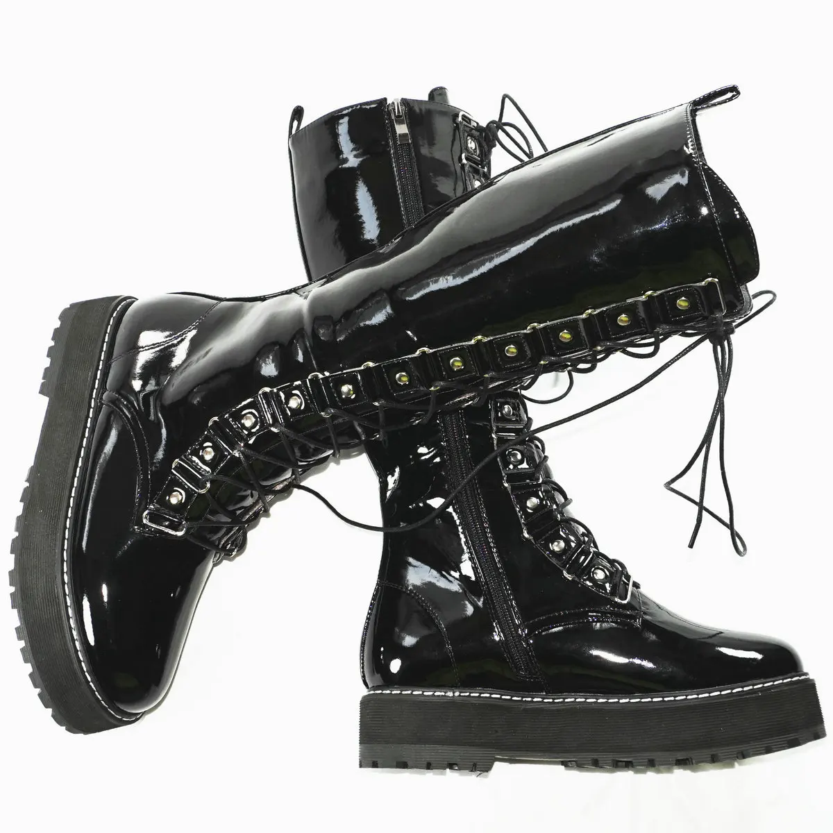 

Winter Platform Pumps Shoes Women Lace Up Patent Leather Knee High Snow Boots Female Round Toe Thigh High Creepers Casual Shoes