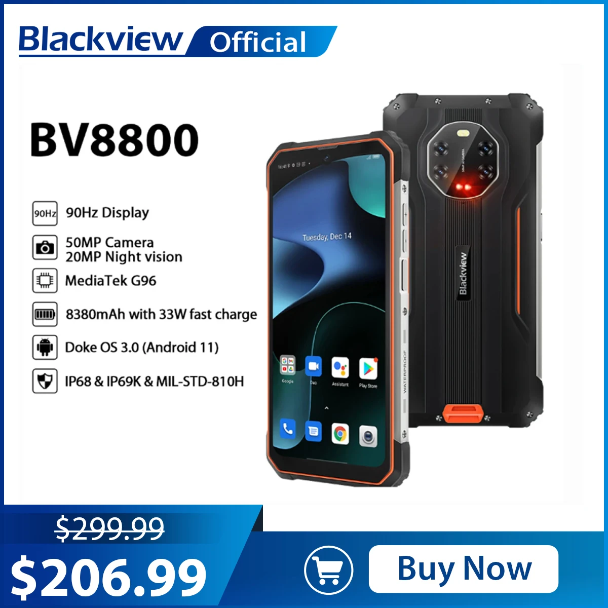 Смартфон BLACKVIEW BV8800, прочный, 90 Гц, 8 + 128 ГБ, Helio G96, 8380 мАч, камера 50 МП смартфон blackview bv8800 8 128 гб оранжевый