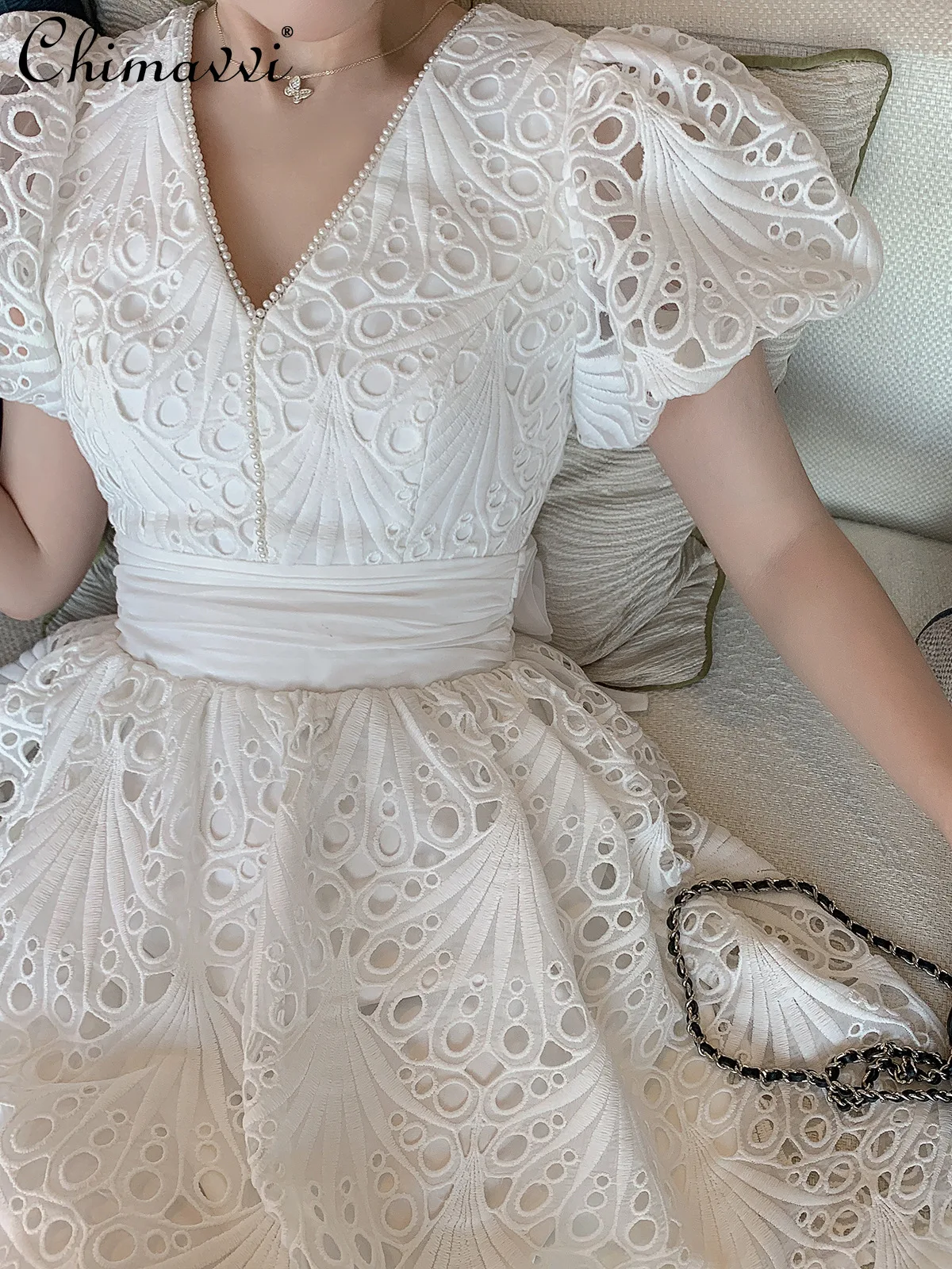 

French Elegant Graceful Hollow out Lace Pearl V-neck Puff Sleeve High Waist Back Lace-up Bow White Princess Dress Women Summer