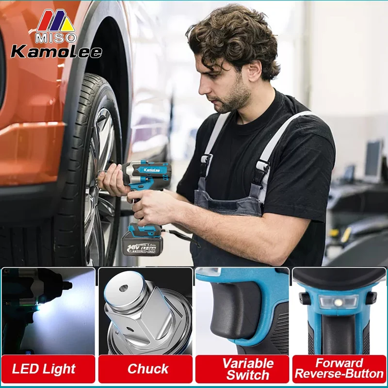 Kamolee 1800 N.M Torque DTW700 Brushless Electric Impact Wrench 1/2 In Lithium-Ion Battery — view 3