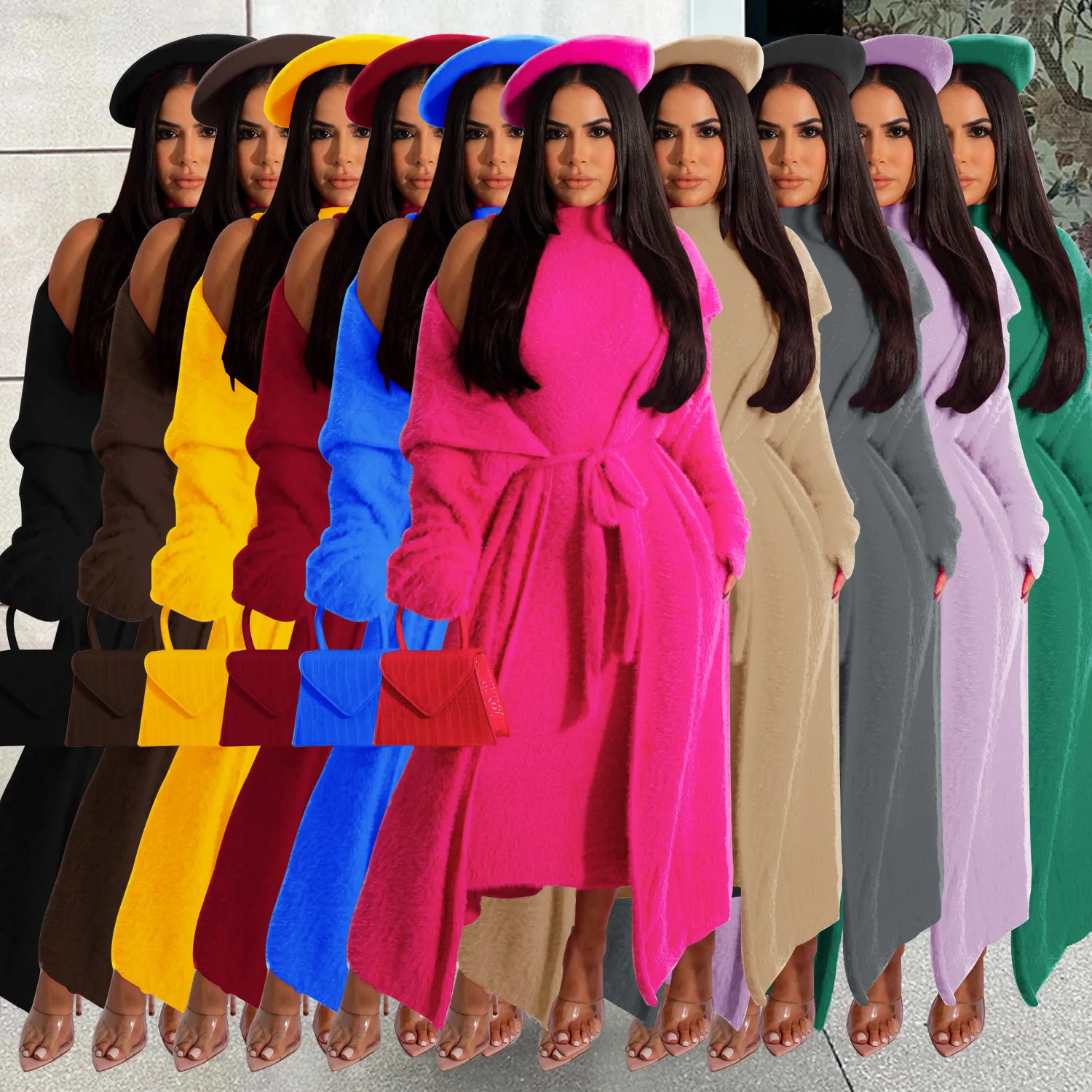 Fall&Winter Outfit Fashion Fuzzy Fluffy Sleeveless Dress+Cardigan Loose Long Coat Casual  Two Pieces Sets Women Elegant Suits 2 piece women set dashiki african sleeveless crop top suits pants casual outfit africa clothing matching sets two piece set