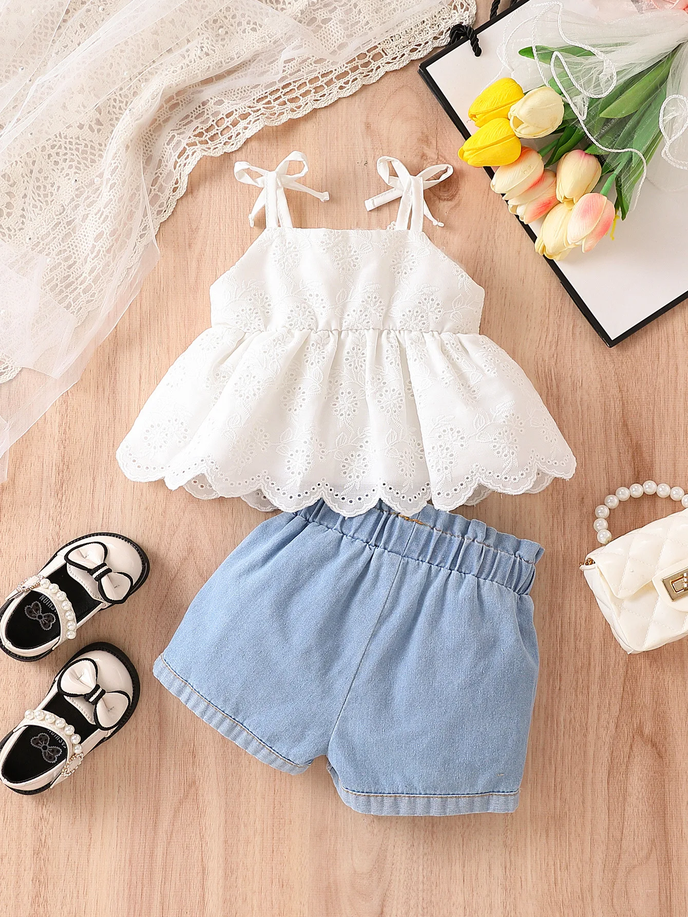 Infant/Toddler's 2pc Laced Top with Denim Shorts 2