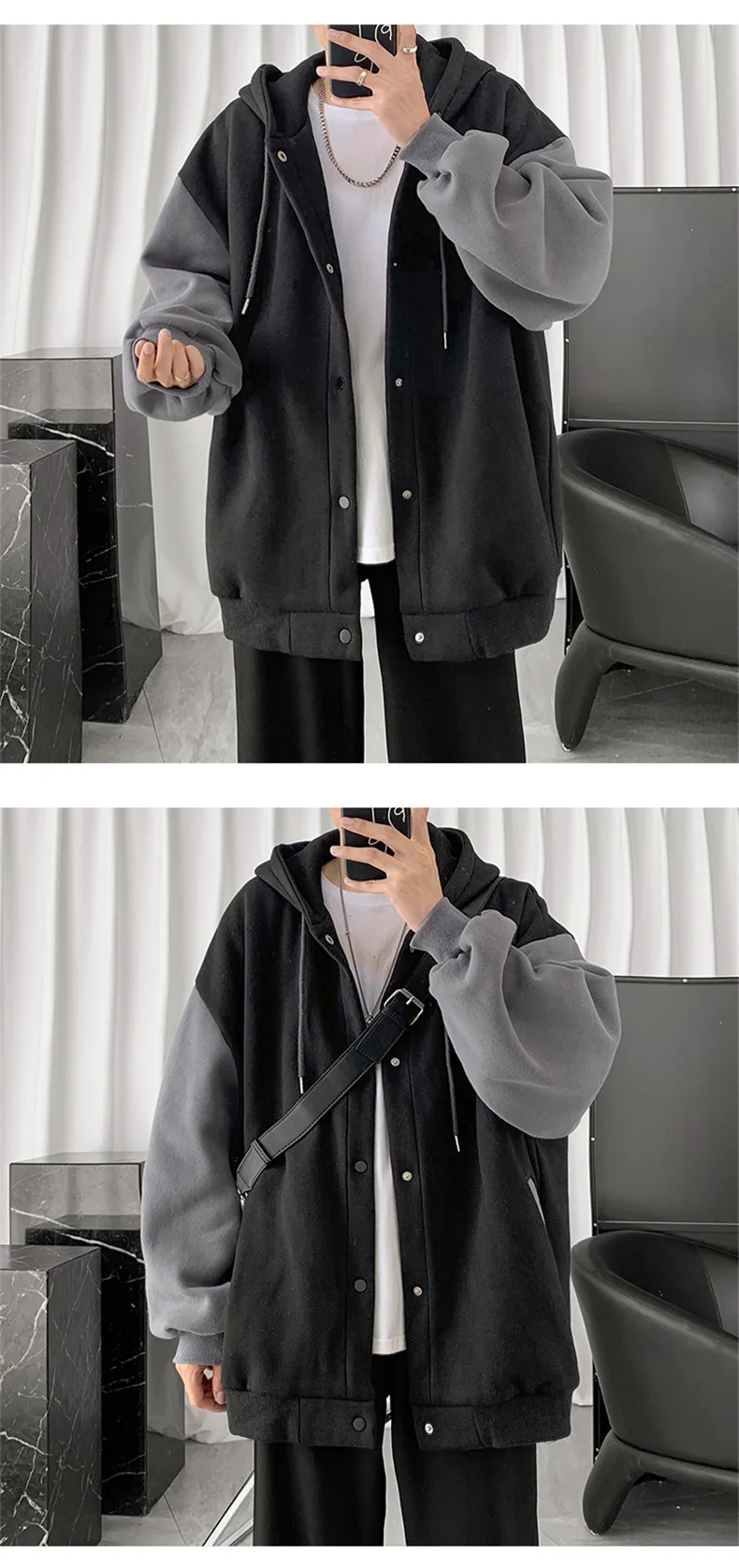 Men Hoodies Hooded Covered Button Sweatshirts Cardigan Spliced Outerwear High Street Loose Fit Pockets Winter 2024 Sports 13 undefined