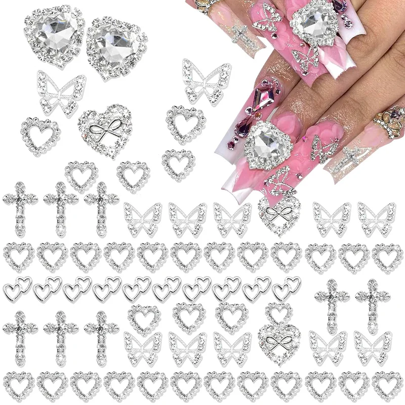 60PCS 실버 네일 참 크리스탈 하트 네일 참 3D 합금 크로스 네일 참 금속 ..