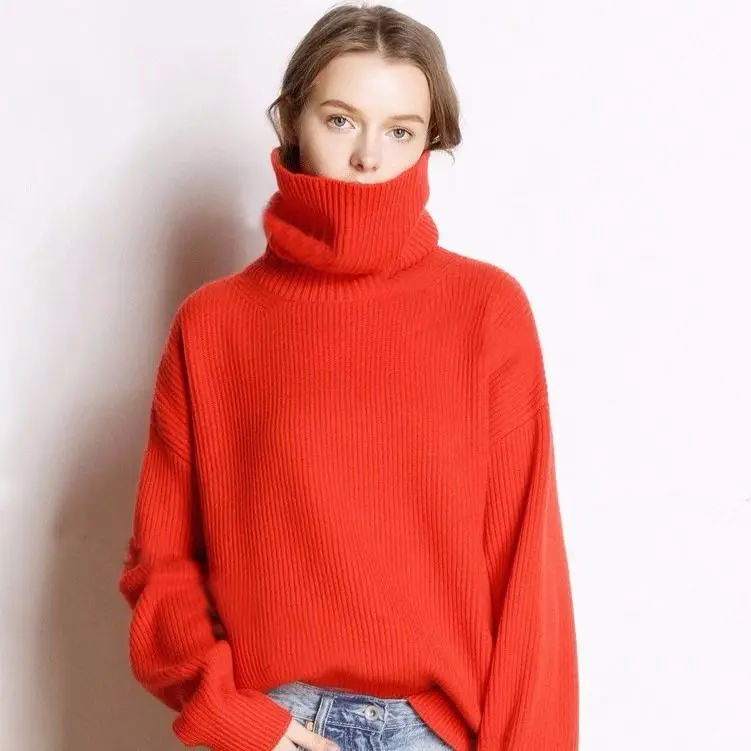 

Autumn and Winter Women's High Neck Cashmere Sweater Casual Cable Pullover Long Sleeve Loose Street Fashion D141